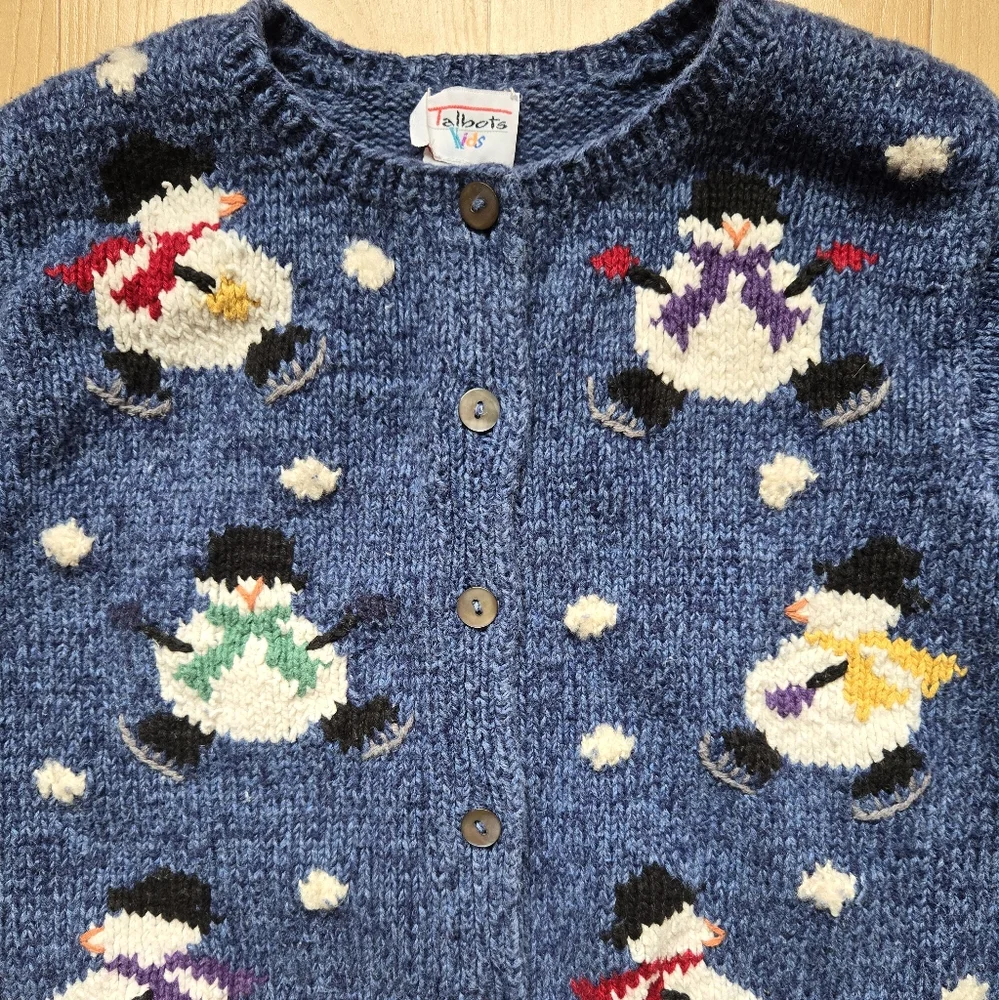 Vintage 1990s Y2K Talbots Kids snowman winter holiday cardigan knit sweater - Picture 2 of 9